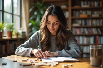Femme en sweater gris arrangeant des lettres Scrabble dans un bureau lumineux