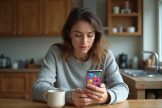 Femme jouant à Candy Crush sur smartphone dans une cuisine cosy, illustrant un guide débutant sur le jeu mobile
