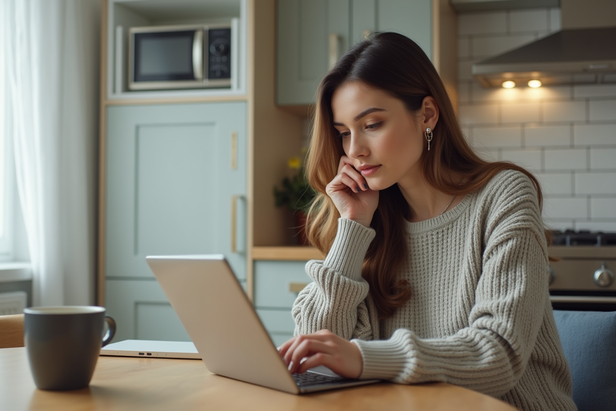 Femme dans la cuisine comparant des offres internet