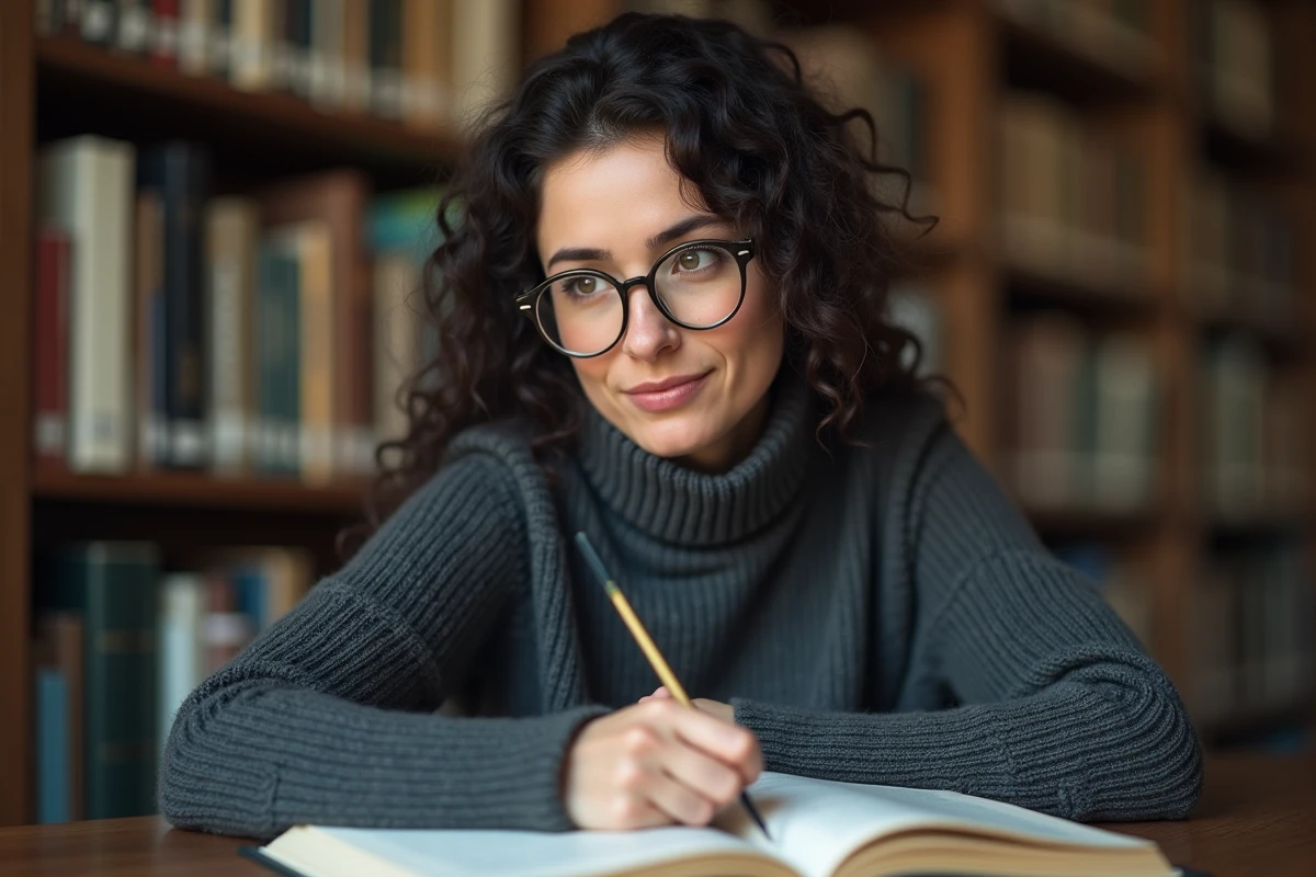 Femme intellectuelle annotant une anthologie de philosophie américaine dans une bibliothèque universitaire, référence aux citations de Ralph Waldo Emerson