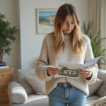 Critères logement : comment choisir le meilleur logement pour vous ? Jeune femme examine une brochure dans un appartement moderne