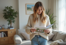 Jeune femme examine une brochure dans un appartement moderne