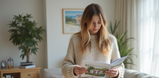 Jeune femme examine une brochure dans un appartement moderne