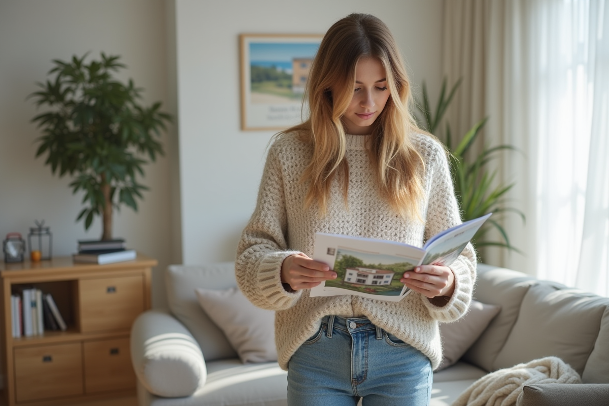 Jeune femme examine une brochure dans un appartement moderne