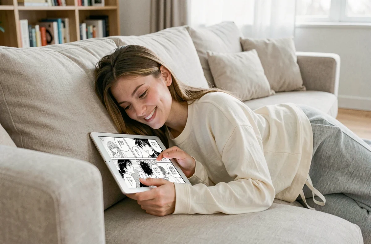 Jeune femme suivant One Piece sur tablette allongée dans un salon minimaliste