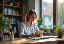 Quel est l’intérêt de 1001 Ebooks : une analyse Femme d'âge moyen lisant un ebook sur une tablette dans un bureau cosy