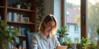 Quel est l’intérêt de 1001 Ebooks : une analyse Femme d'âge moyen lisant un ebook sur une tablette dans un bureau cosy