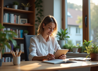 Quel est l’intérêt de 1001 Ebooks : une analyse Femme d'âge moyen lisant un ebook sur une tablette dans un bureau cosy