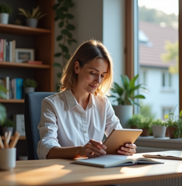 Quel est l’intérêt de 1001 Ebooks : une analyse Femme d'âge moyen lisant un ebook sur une tablette dans un bureau cosy