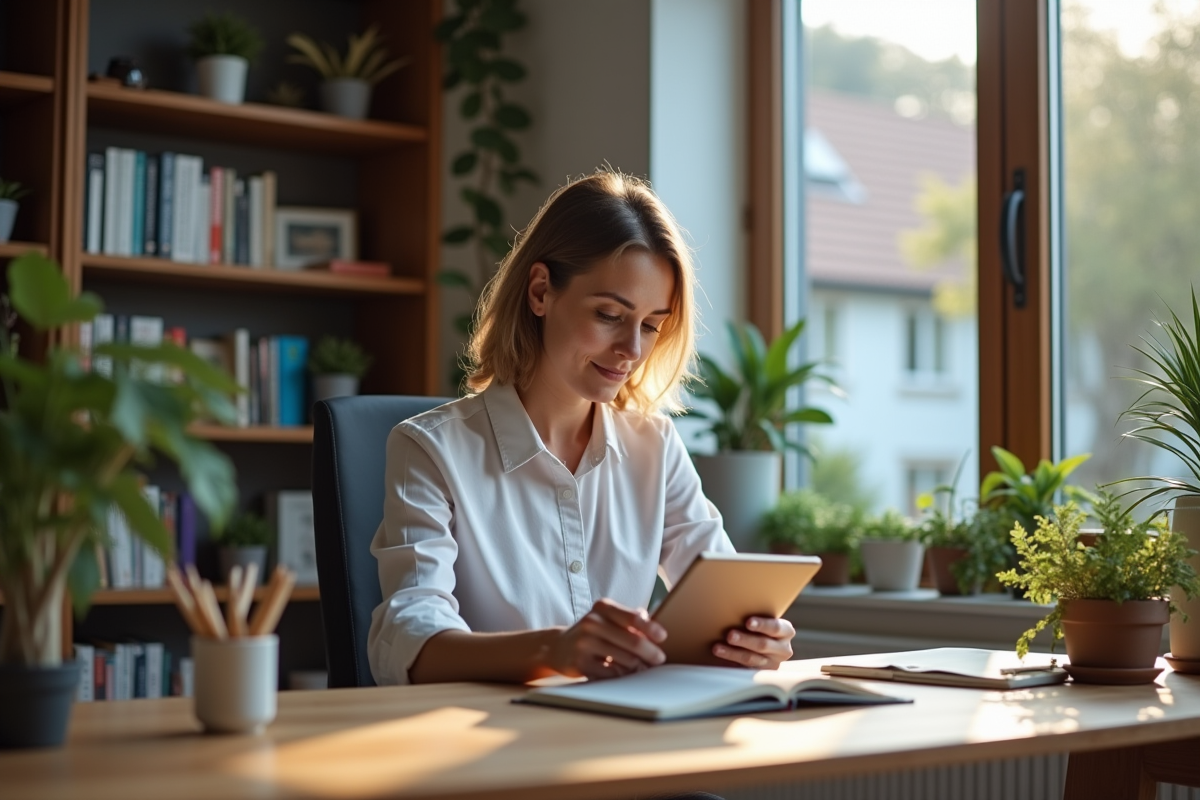 Femme d'âge moyen lisant un ebook sur une tablette dans un bureau cosy