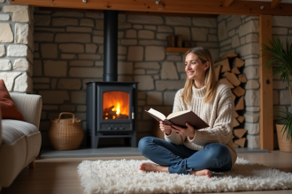 Femme assise près du feu de cheminée dans un salon chaleureux