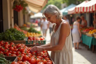 Femme examinant des tomates mûres au marché à Le Barcarès
