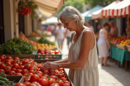 Femme examinant des tomates mûres au marché à Le Barcarès