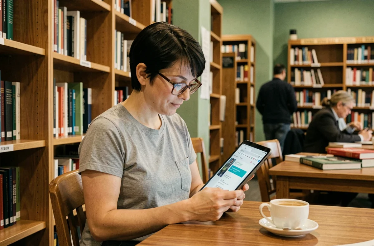 Femme avec tablette en navigation privée dans une bibliothèque publique pour lire des scans de manga de façon anonyme