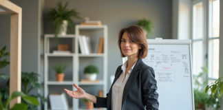 Femme confiante dans un bureau moderne avec tableau blanc