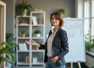 Femme confiante dans un bureau moderne avec tableau blanc