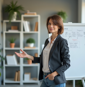 Méthodes de transformation : les meilleures façons d’évoluer Femme confiante dans un bureau moderne avec tableau blanc