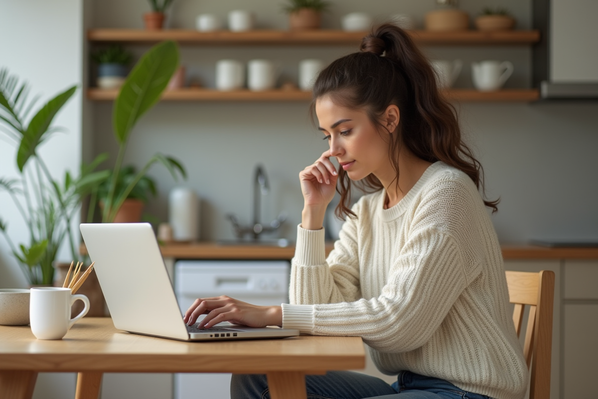 Femme comparant options d'assurance maison sur son ordinateur