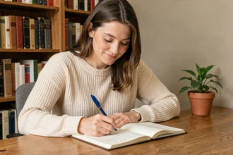 Femme écrivant soigneusement dans un cahier avec un stylo bleu, illustrant l'apprentissage de l'orthographe française