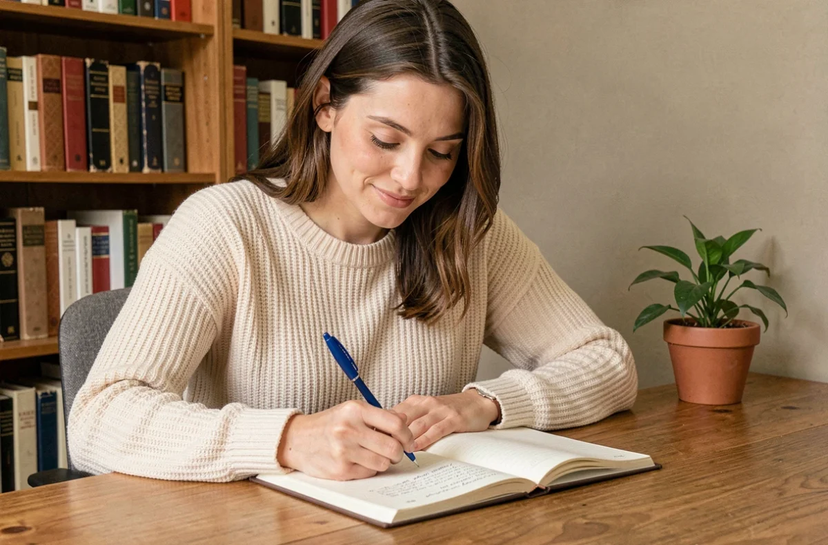 Femme écrivant soigneusement dans un cahier avec un stylo bleu, illustrant l'apprentissage de l'orthographe française