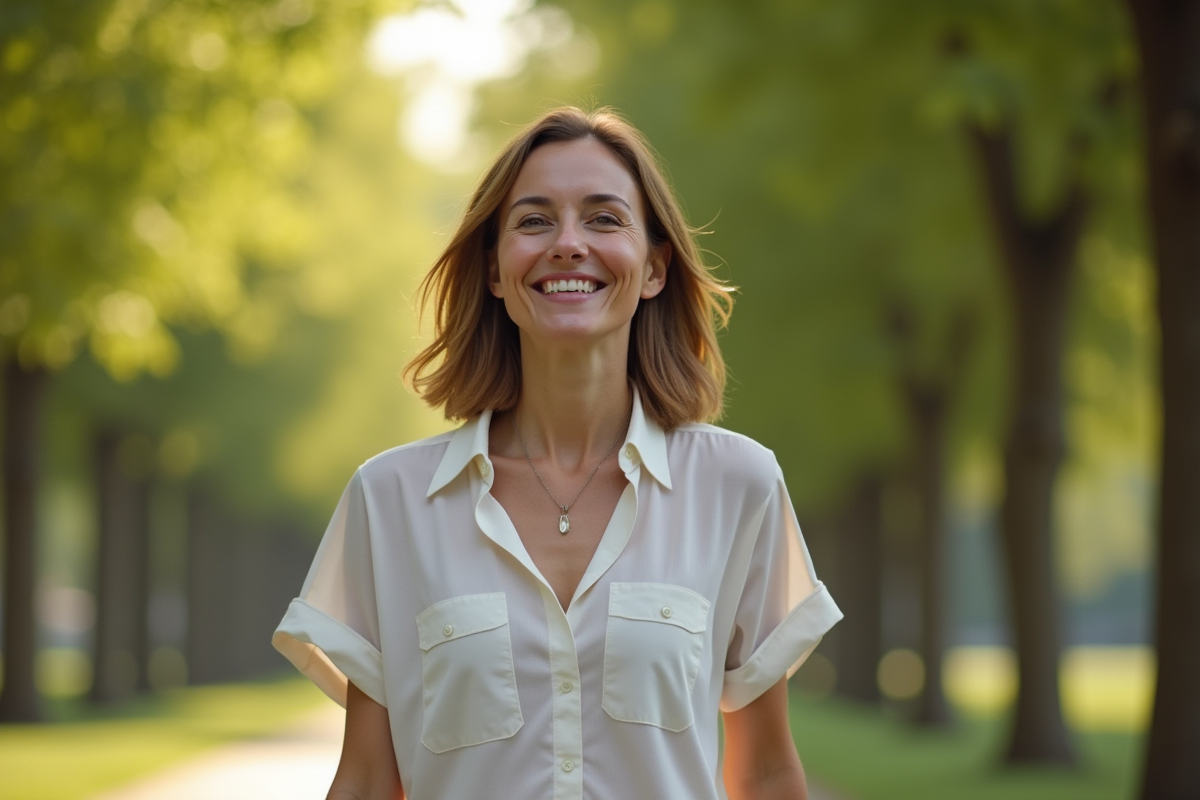 Femme marchant dans un parc ensoleille avec arbres verts