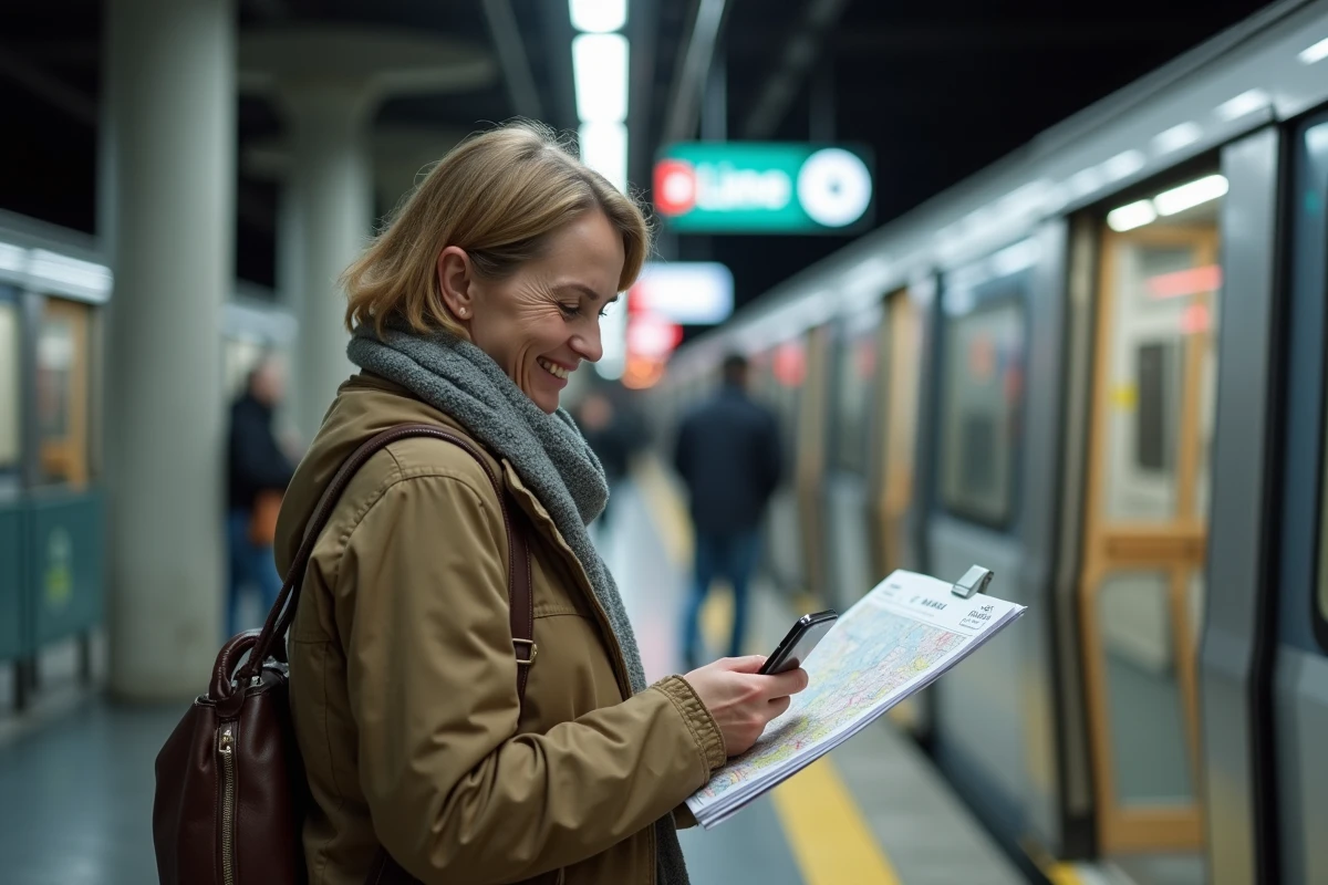 Femme souriante vérifiant la carte du métro parisien