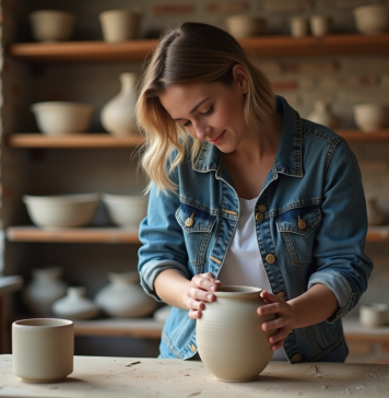 Jeune femme façonnant un vase en argile dans un atelier parisien