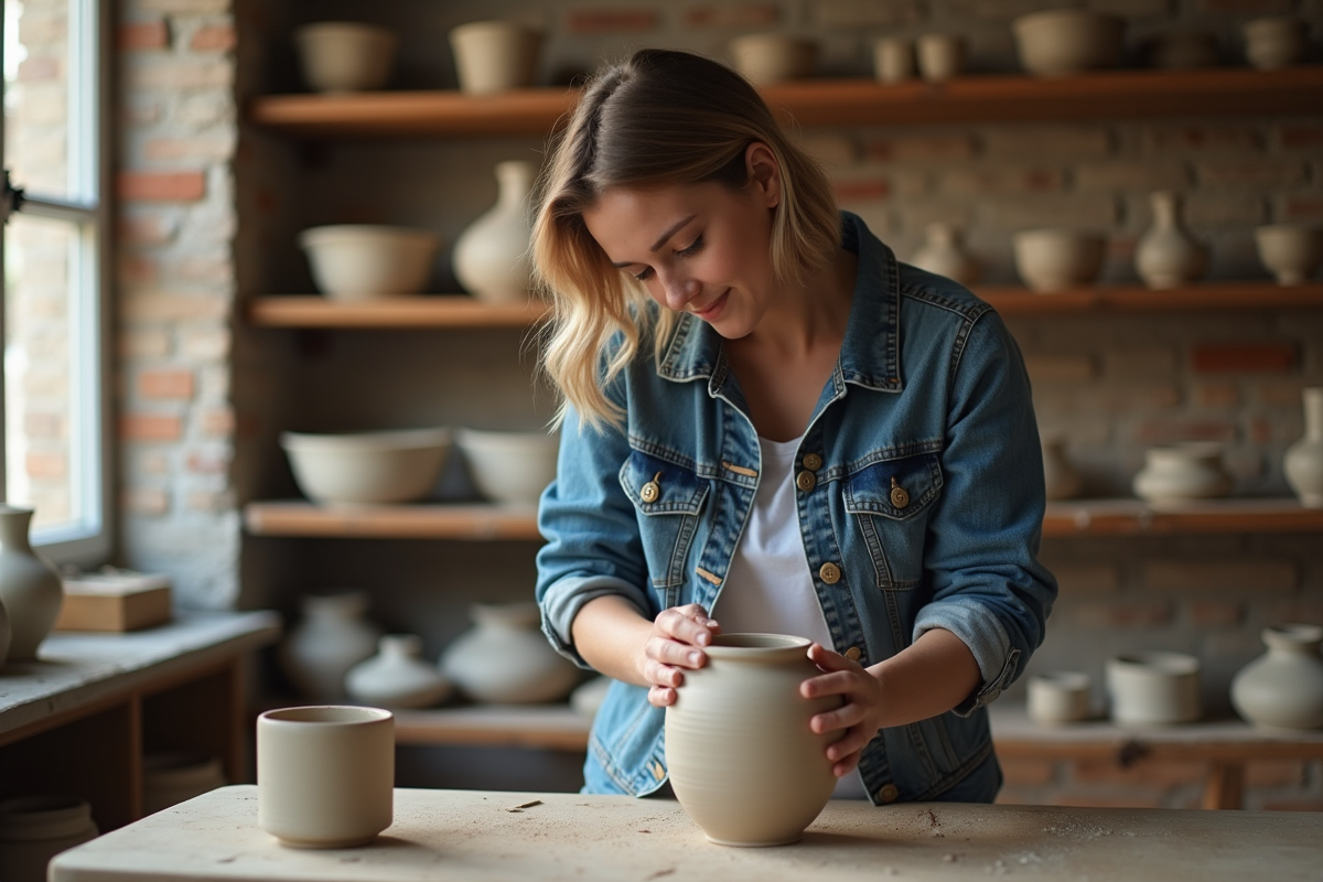 Jeune femme façonnant un vase en argile dans un atelier parisien