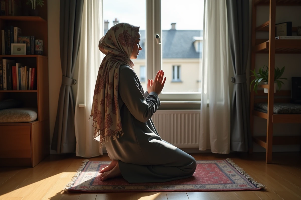 Jeune femme musulmane priant dans un appartement parisien