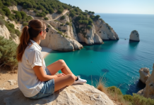 Femme en randonnée sur une falaise avec vue sur la mer turquoise