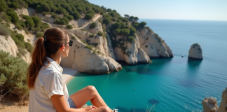 Plages secrètes de la réserve naturelle du Zingaro Femme en randonnée sur une falaise avec vue sur la mer turquoise