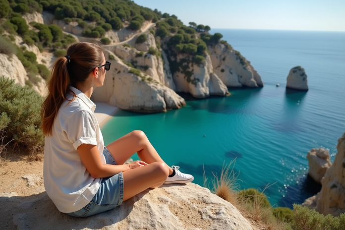 Femme en randonnée sur une falaise avec vue sur la mer turquoise