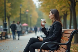 Femme assise sur un banc de parc en réflexion