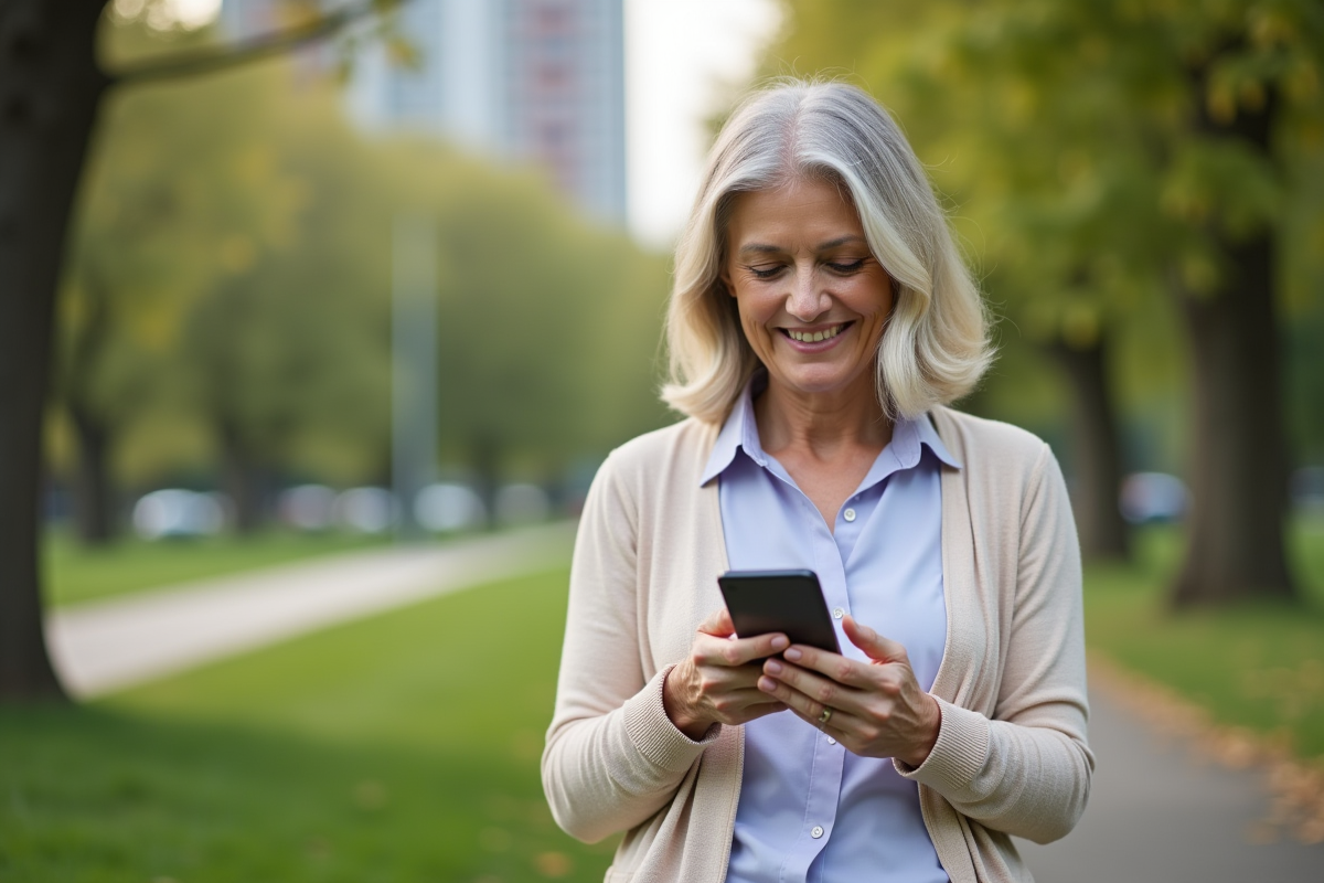 Femme retraitée utilisant son smartphone dans un parc calme