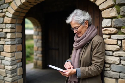 Femme d'âge moyen consulte un emploi du temps devant une église rurale