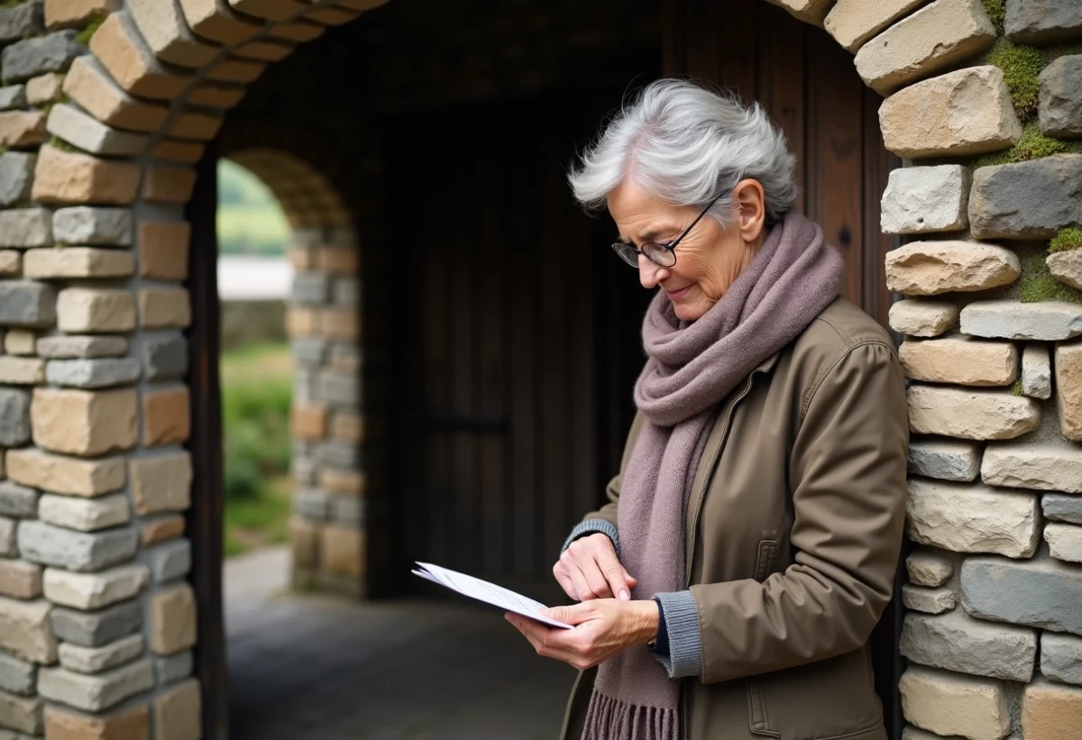 Femme d'âge moyen consulte un emploi du temps devant une église rurale