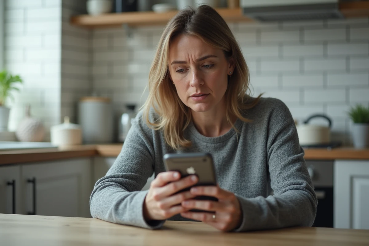 Femme inquiète tenant un smartphone affichant un numéro de téléphone inconnu dans une cuisine moderne