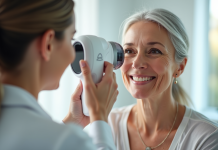 Rajeunissement cutané : les technologies qui font la différence Femme mature souriante lors d'un soin visage avec un appareil moderne