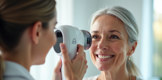 Femme mature souriante lors d'un soin visage avec un appareil moderne