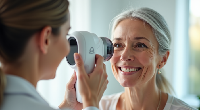 Rajeunissement cutané : les technologies qui font la différence Femme mature souriante lors d'un soin visage avec un appareil moderne