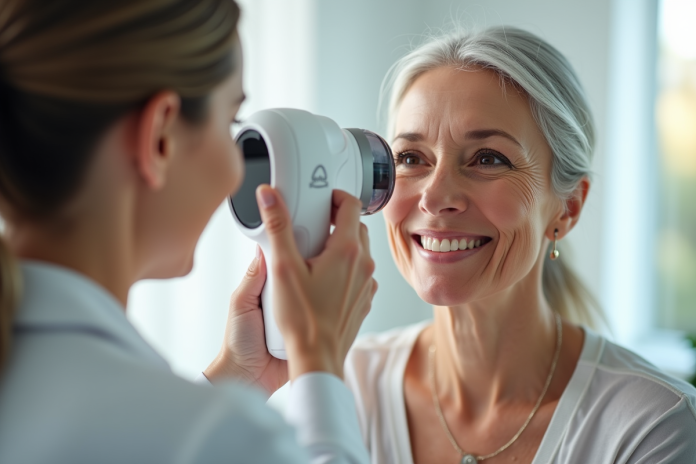 Femme mature souriante lors d'un soin visage avec un appareil moderne