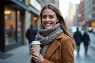 Femme souriante en hiver dans une ville canadienne