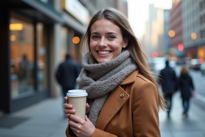 Femme souriante en hiver dans une ville canadienne
