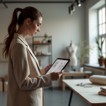 Technologie et mode : façonnent-elles l’avenir de l’industrie ? Femme élégante en blazer futuriste avec tablette dans un studio