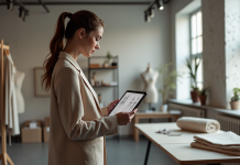 Femme élégante en blazer futuriste avec tablette dans un studio