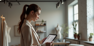 Femme élégante en blazer futuriste avec tablette dans un studio