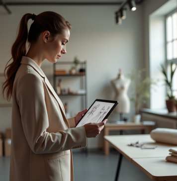 Femme élégante en blazer futuriste avec tablette dans un studio
