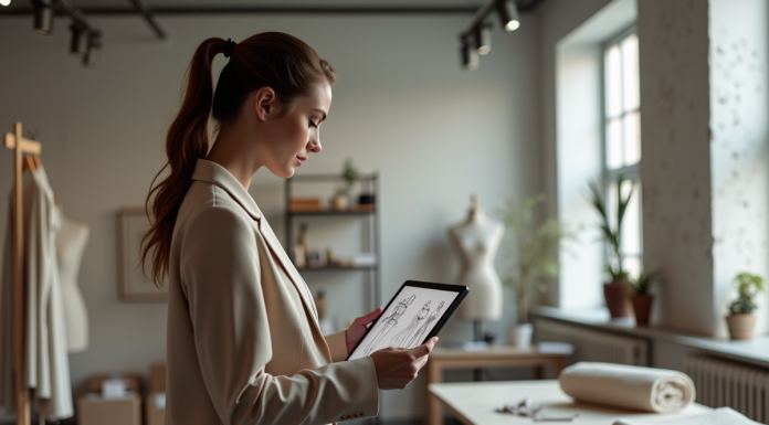 Technologie et mode : façonnent-elles l’avenir de l’industrie ? Femme élégante en blazer futuriste avec tablette dans un studio