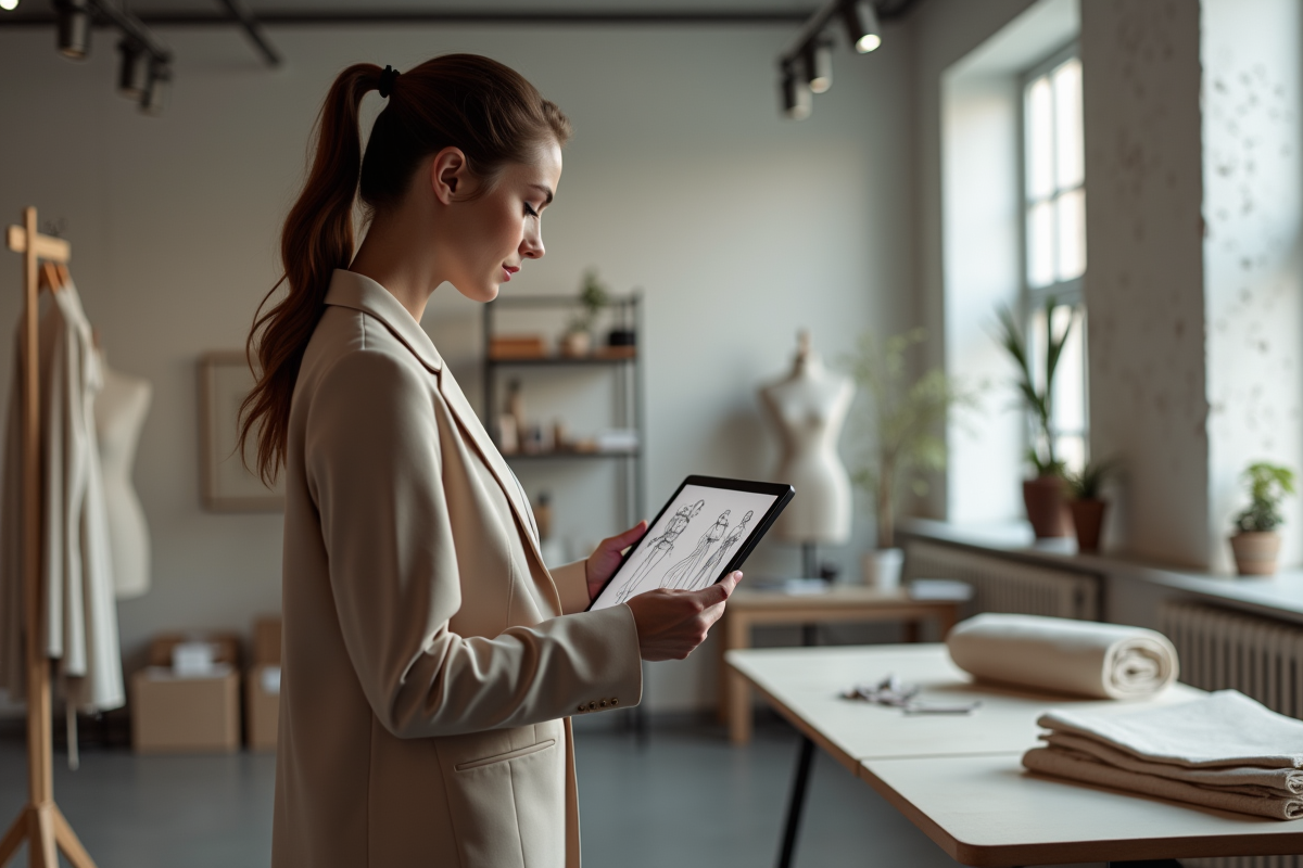 Femme élégante en blazer futuriste avec tablette dans un studio