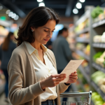 Femme d'âge moyen vérifiant un reçu dans un supermarché animé
